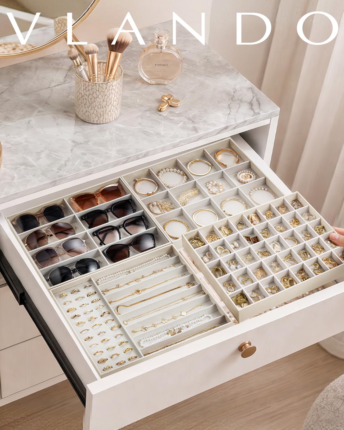 VLANDO Stackable Jewelry Tray, 40-Grid, Soft Velvet, Removable Dividers