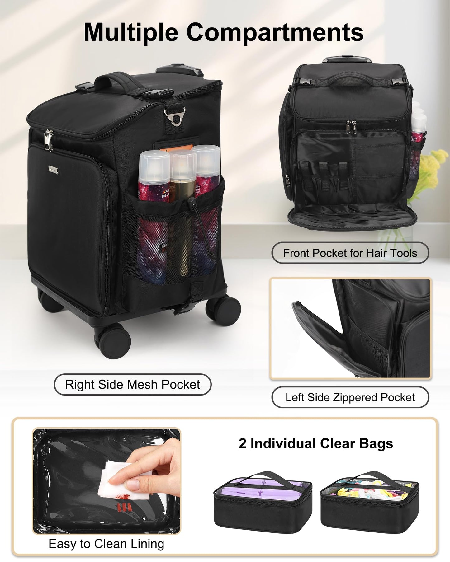 Relavel Rolling Makeup Case, Hair Tools Travel Bag Cosmetology Case on Wheels with 2 Clear Bags, Professional Hairstylist Bag Makeup Artist Storage Train Case Barber Organizer with 360° Spinner Wheels
