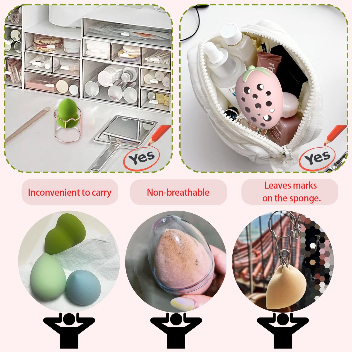 KoiKoiii,Makeup Sponge Holder Strawberry-shaped Stylish Cosmetic Sponge Storage Case Stainless Steel Makeup Tool Compact & Lightweight Travel-Friendly Cute & Portable Silicone (C「Red + Rose Gold」)