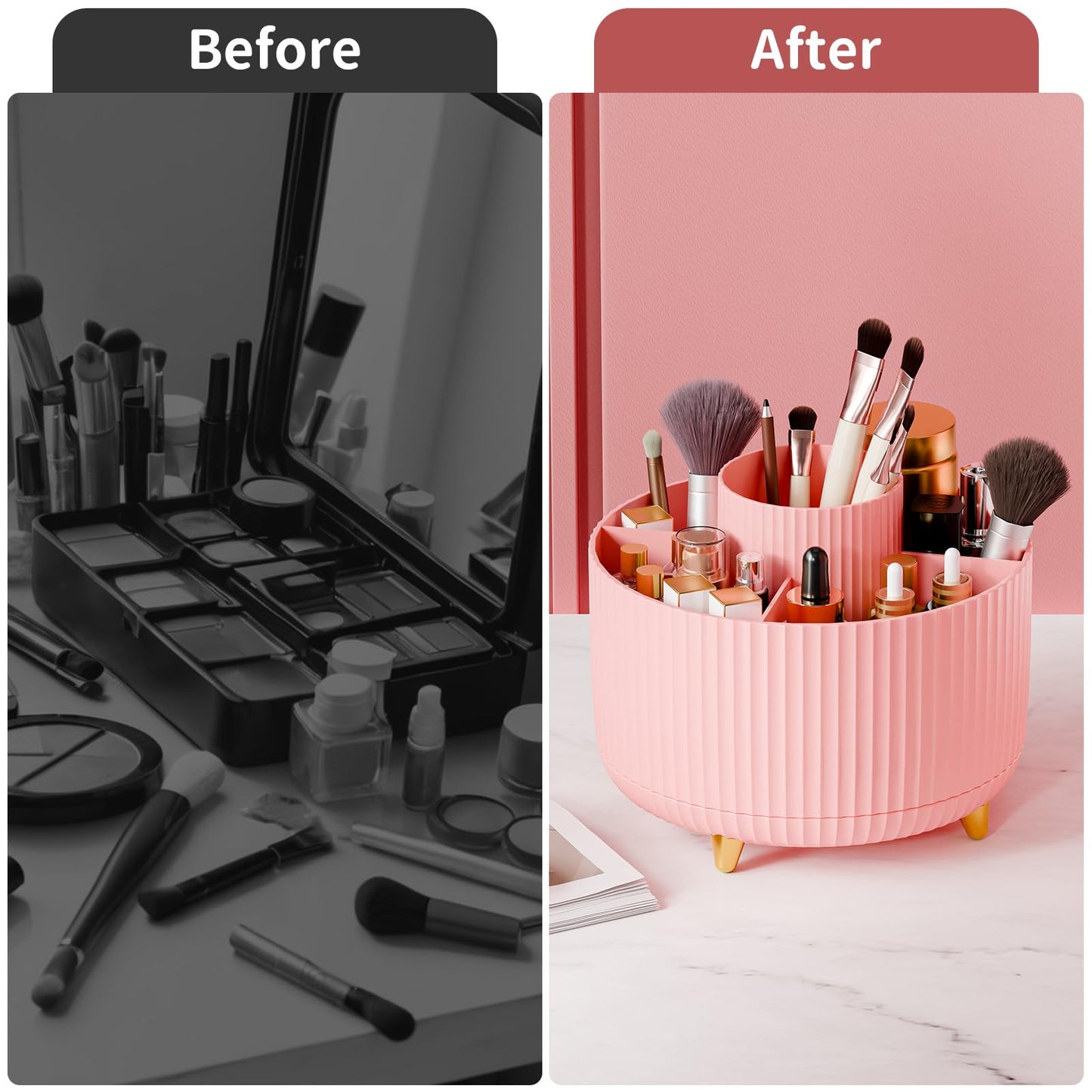 fanado 360° Rotate Makeup Brush Holder Organizer, Makeup Organizers Countertop, Makeup organization and Skincare Storage for Vanity, Desktop, Bathroom (Pink)