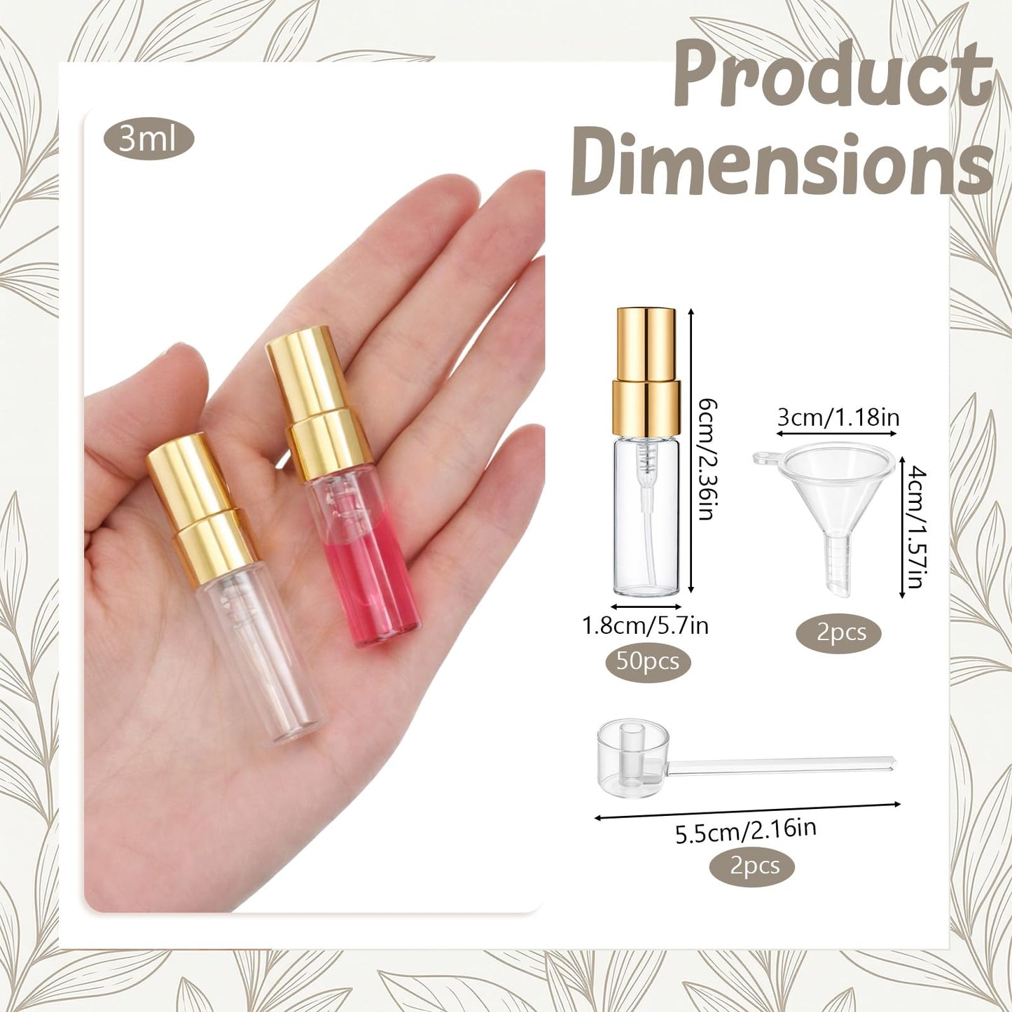 50 Pack 3ml Empty Mini Glass Spray Bottle,Mini Clear Spray Vials Portable Travel Sample Containers Glass Fine Mist Perfume Atomizer Empty Refillable Perfume Bottles with Gold Lids for Cleaning, Travel