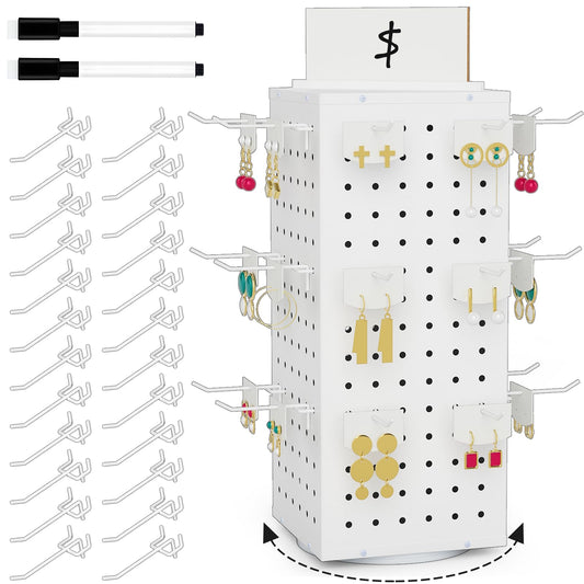 VACONICO Rotating Pegboard Display Stand with 24 Hooks, Tabletop Metal Peg board Shelf for Craft Shows & Fairs, Retail Stores, Vendors Arts and Crafts Finishing - 4-Sided Craft Rack Organizer (White)