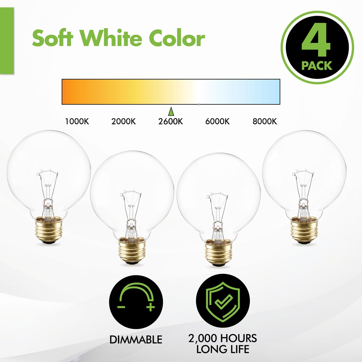 (4 Pack) G25 Globe Light Bulbs – 25W Incandescent, 2700K Soft White, E26 Base, Dimmable – Crystal Clear Vanity Bulbs for Bathroom, Mirror, Pendant Fixtures