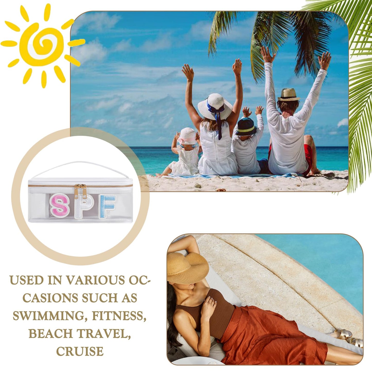 RSRSLEII Clear Waterproof Summer SPF Makeup Bag，Aesthetic Transparent Letter Patch Cosmetic Bag with Metal Zipper, Preppy Sunscreen Accessories Storage Organization, Beach Travel Purse(06SPF White)