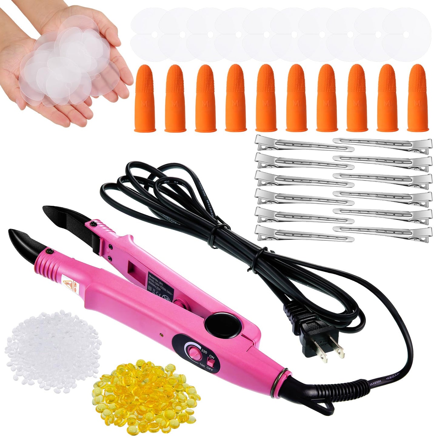 Keratin Hair Extension Kit: Heat Iron, Keratin Glue Granules, Protector Templates, Hair Clips, and Finger Protector(Pink)