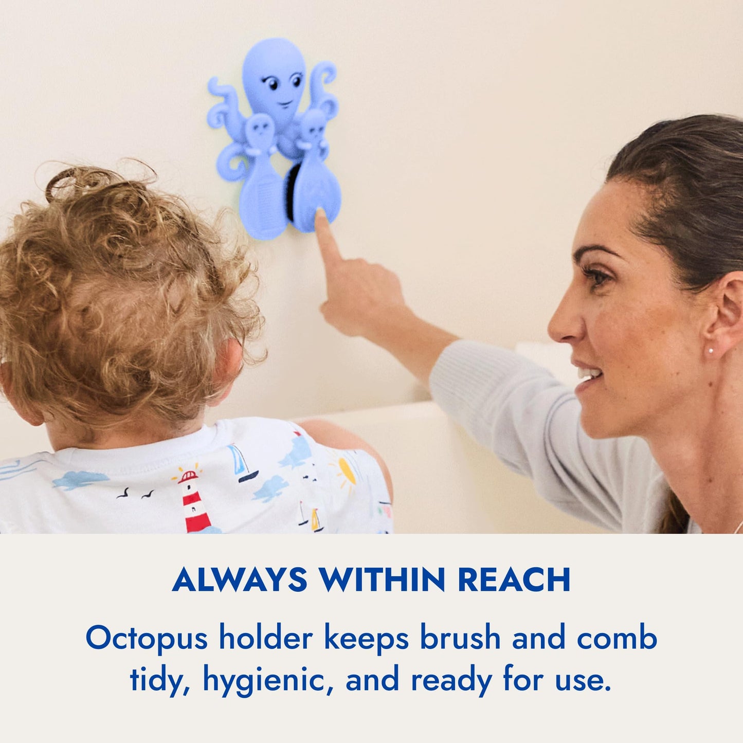 Ninabella Octo Baby Hair Brush with Comb for Newborn - Cradle Cap - No Drill Wall Holder Set - Soft Fine Black Bristles - From Birth to 18 Months - Azure Blue