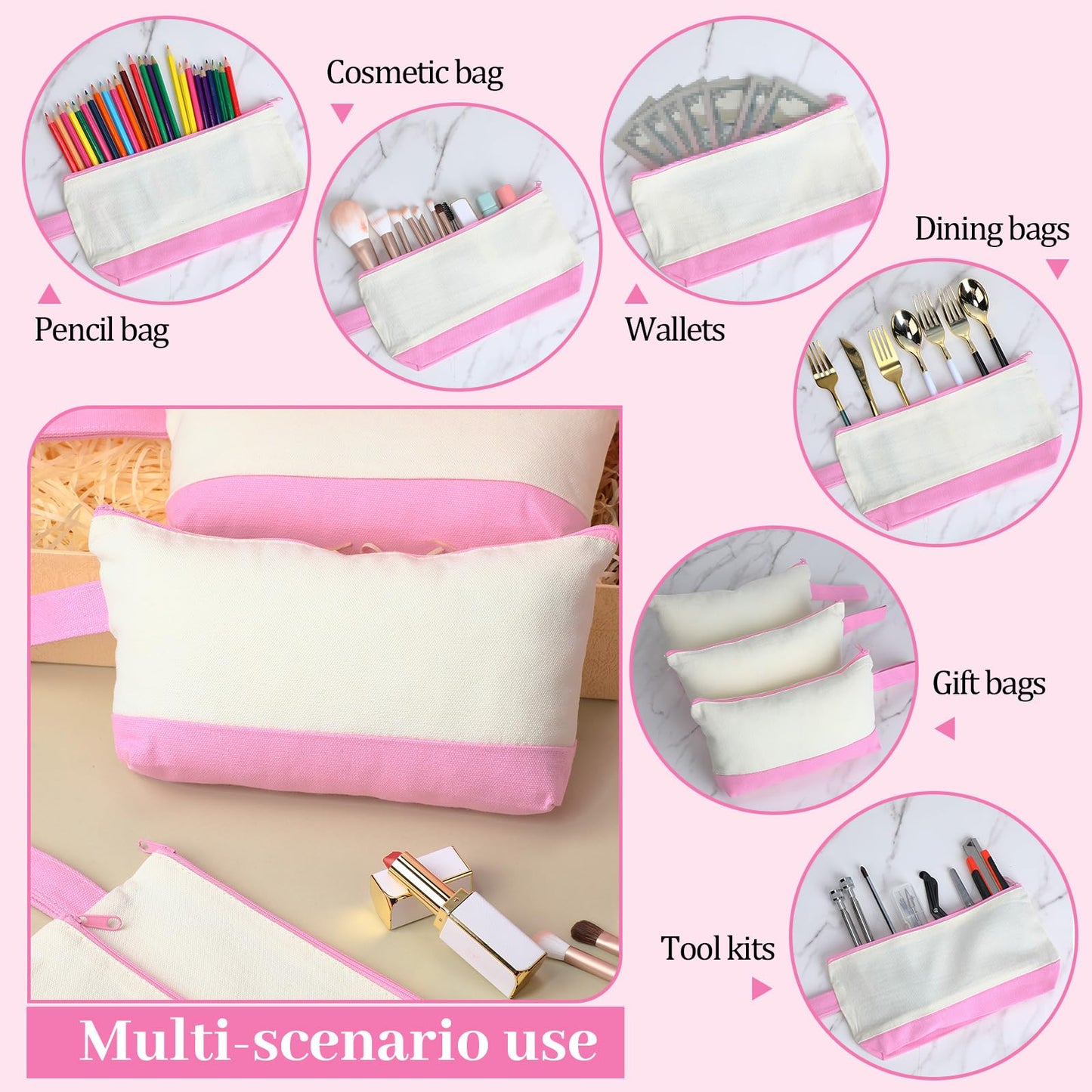 Silkfly 48 Pcs Cotton Canvas Makeup Bags Cosmetic Zipper Bags 10.2 x 5.5 x 2'' Blank DIY Pouch Bulk Pencil Case with Bottom Travel Toiletry Pouch for Women Craft Decor Gift (Beige and Pink)