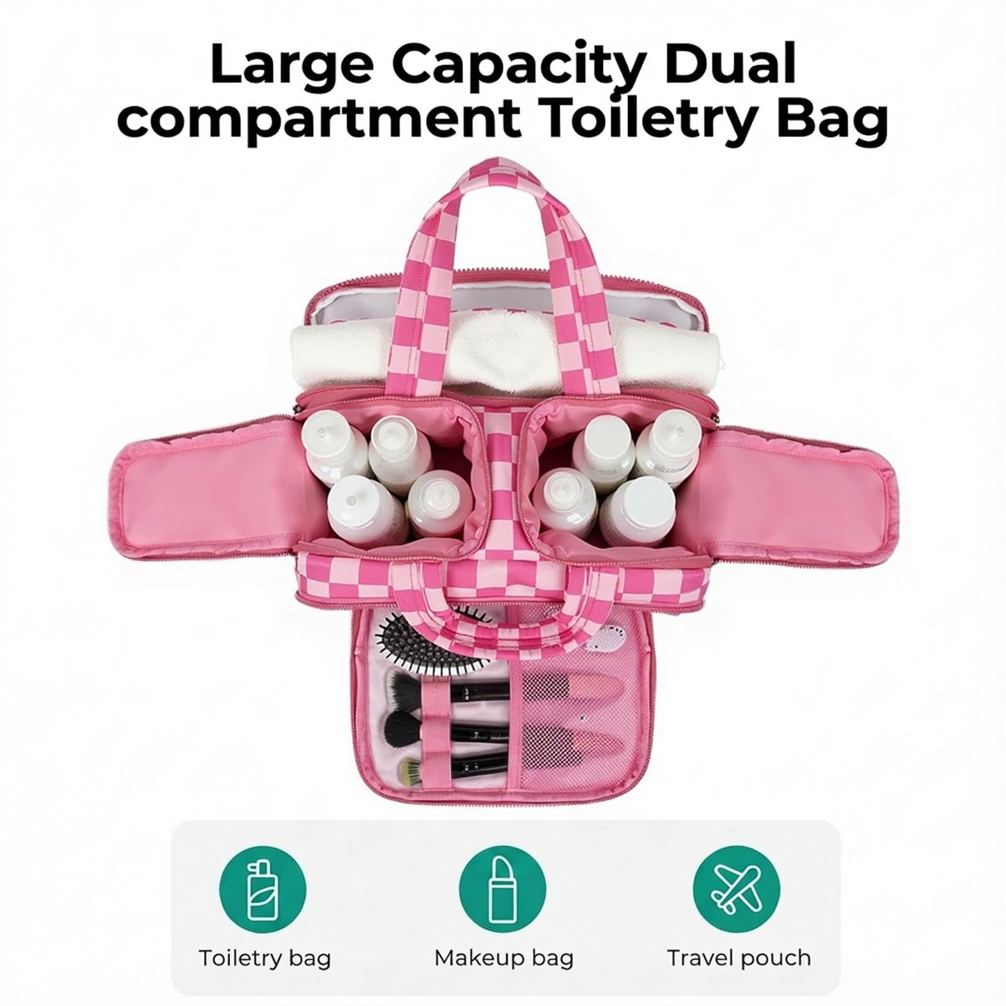 Travel Toiletry Bag, Spacious Hot Pink Checkered Toiletry Bag for Women,Large Toiletry Bags for Traveling,Lightweight Travel Cosmetic Makeup Bag Organizer for Accessories,Toiletries (Pink Checkered)
