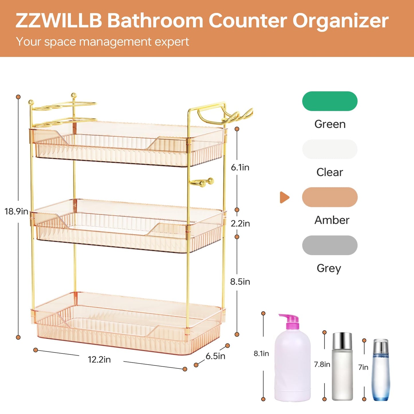 ZZWILLB 3-Tier Bathroom Countertop Organizer - Amber Acrylic Vanity Trays with Hair Dryer & Toothbrush Holder - Luxury Skincare, Perfume & Makeup Storage Rack for Countertop, Dresser & Cabinet