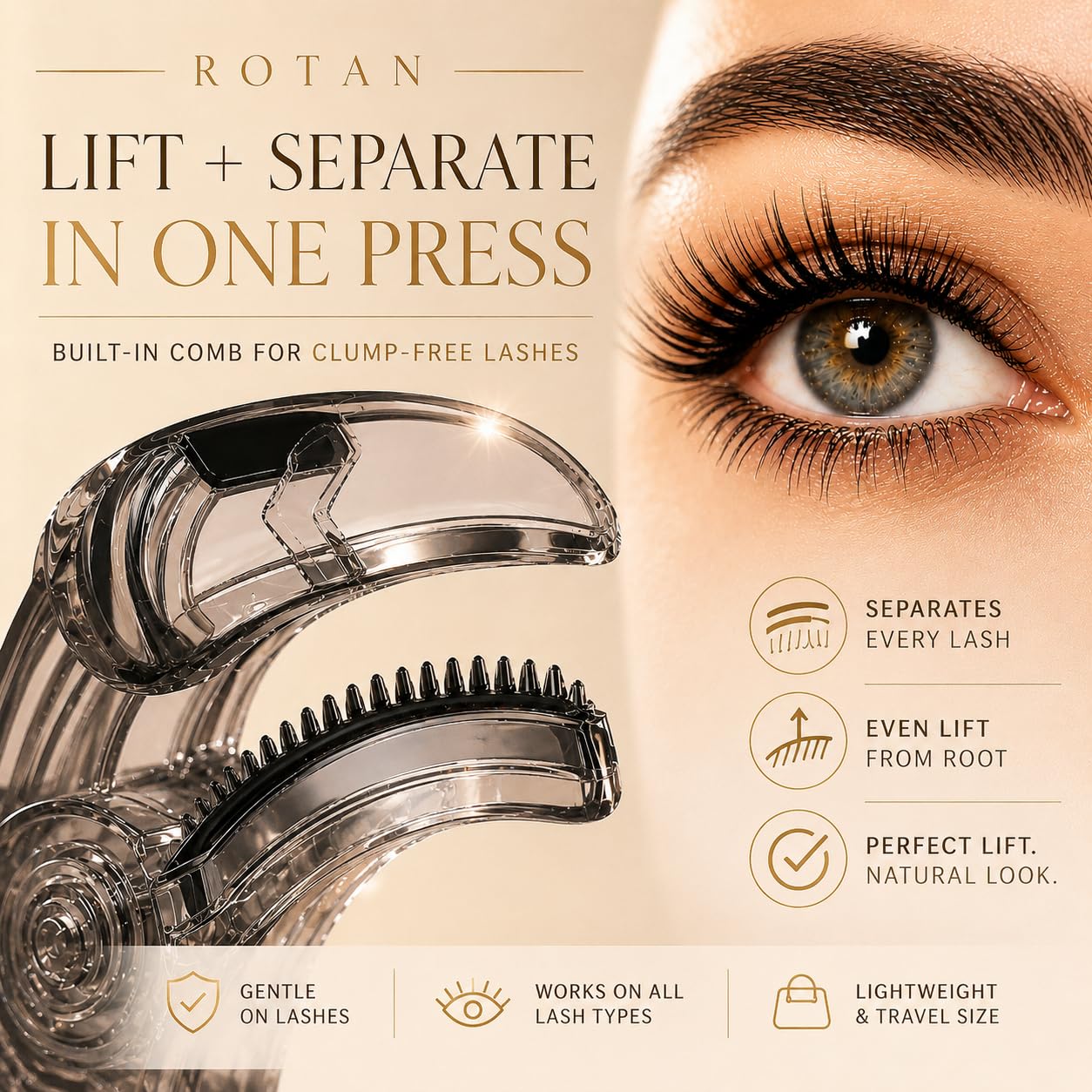 ROTAN Eyelash Curler PRO with Built-in Comb – Lash Separator for Natural Lift & Separation, Clump-Free No-Pinch Design, Precision Eye Makeup Tool