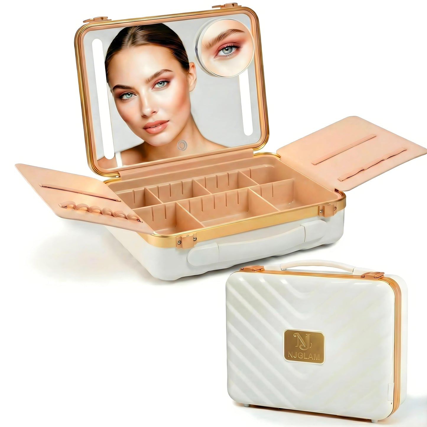 NJ GLAM Lighted Makeup Case with Mirror + 10x Mini Mirror - Portable, 3 LED Modes, Adjustable Dividers I Travel Makeup Train Case & Organizer I USB Rechargeable I (White)