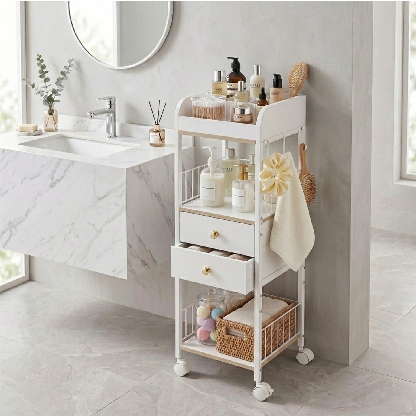 DongRong Makeup Organizer Cart, Rolling Floor Skincare Organizer and Storage with 2 Wooden Drawers, Cosmetics Display Cases Holder for Skin Care Perfume Hair Tools Nail Polish（White & Gold）