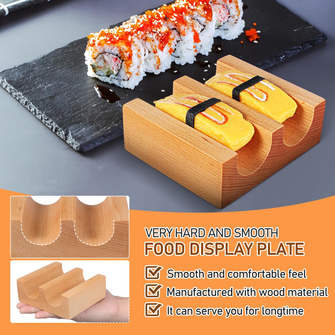 Cabilock Wooden Sushi Taco Holder, 2-Slot U-Shaped Hand Roll Stand, Japanese Temaki Display Rack for Home Kitchen & Restaurant, Authentic Sushi Roll Serving Tray & Sashimi Presentation Plate