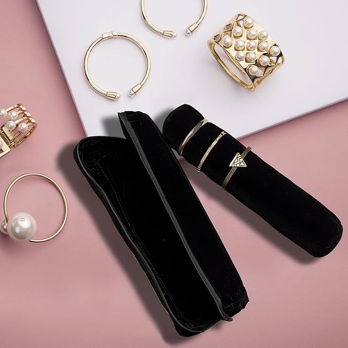 Novel Box Black Velvet Bangle/Bracelet/Watch Roll 12.25x3x3 Inches with Matching Zipper Pouch - Portable Organizer Pouch with Removable Roll Insert for Travel, Retail & Personal Use