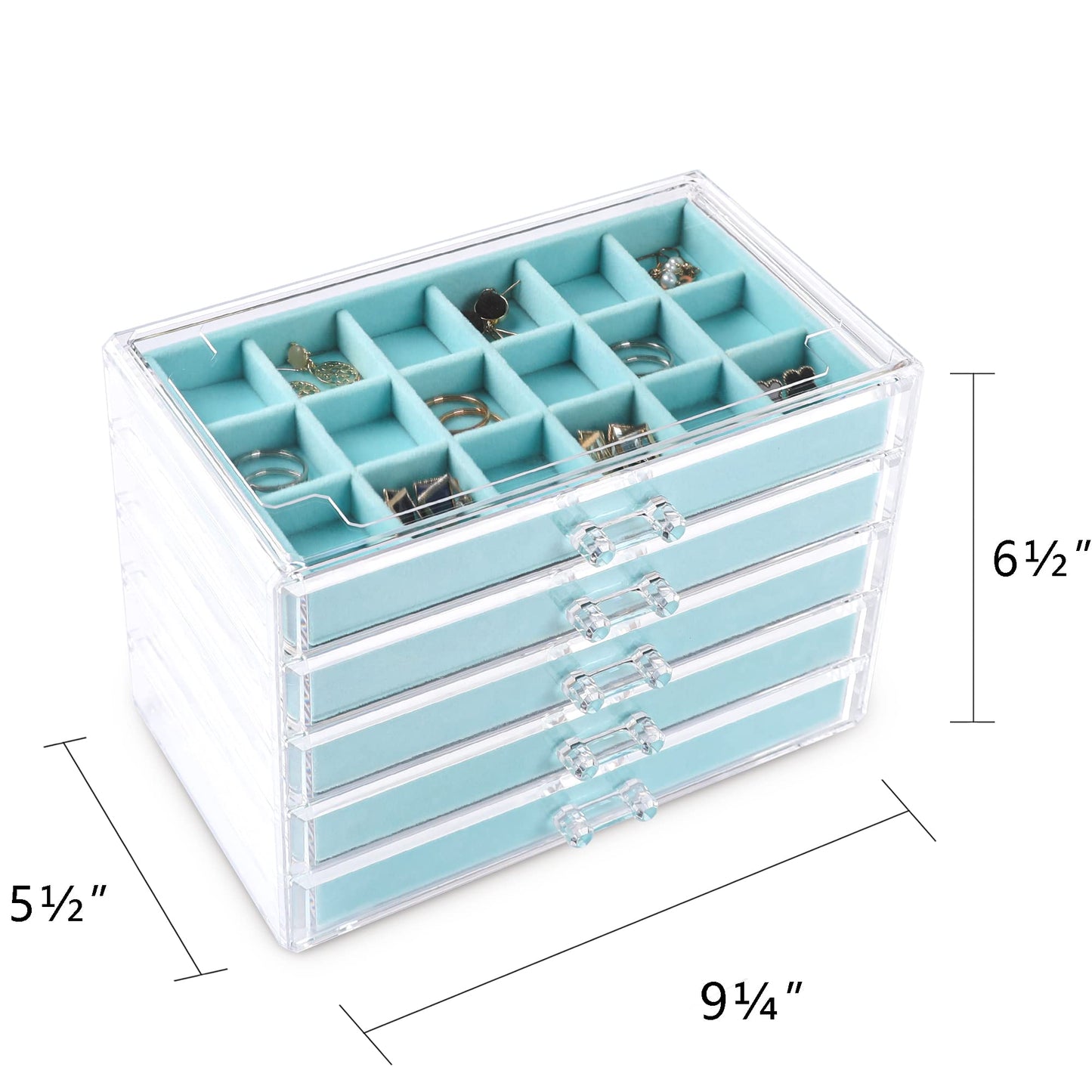 Frebeauty Acrylic Jewelry Organizer Earring Organizer Box with 5 Drawers Earring Holder Organizer with Velvet Trays Clear Jewelry Box for Women Earring Display for Rings Studs(Turquoise)