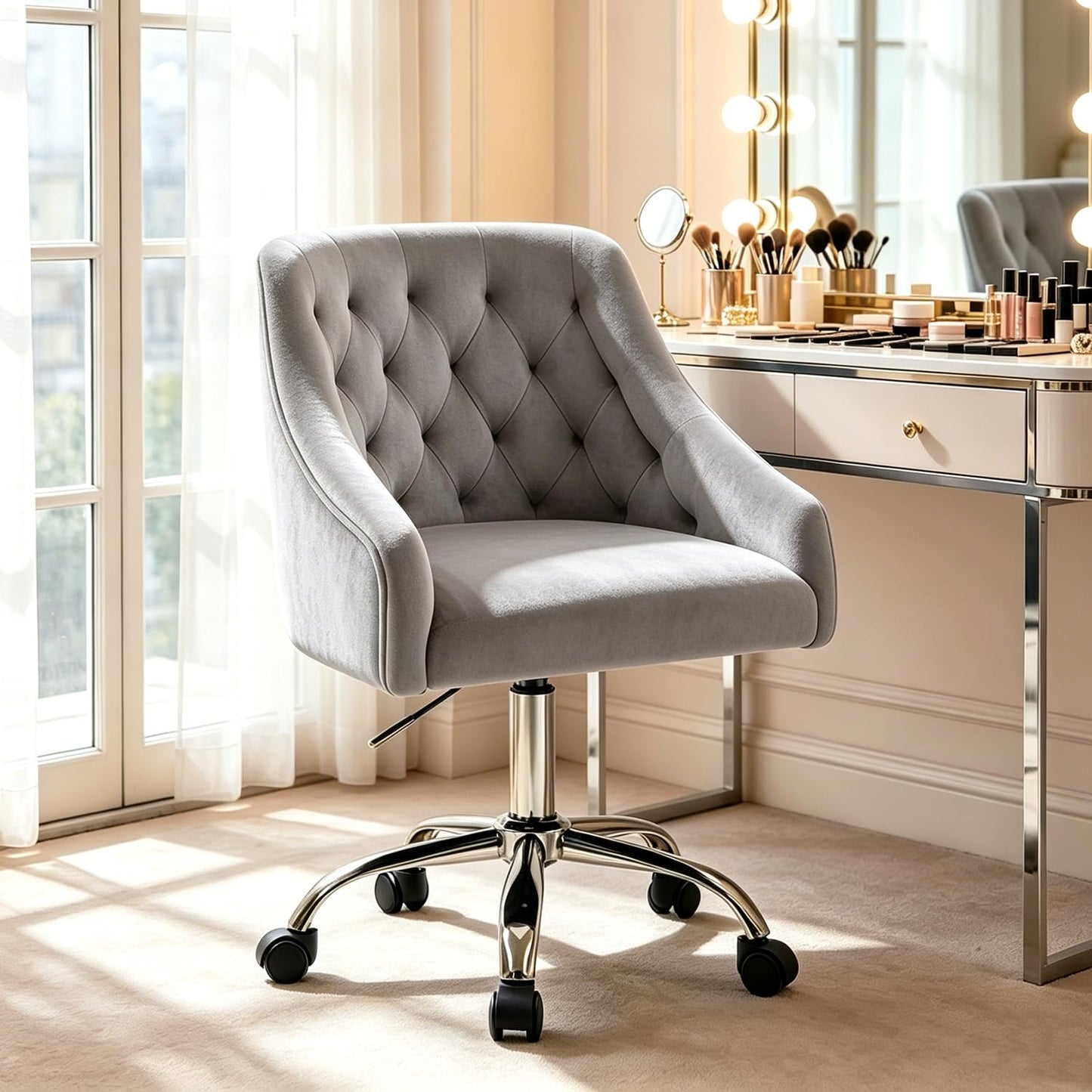 MOJAY Velvet Office Swivel Chair, Vanity Fabric Desk Pretty Fancy Gold Office Chairs for Girls, 360°Swivel Height Adjustable Reception Chair (Grey1)