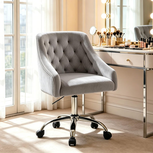 MOJAY Velvet Office Swivel Chair, Vanity Fabric Desk Pretty Fancy Gold Office Chairs for Girls, 360°Swivel Height Adjustable Reception Chair (Grey1)