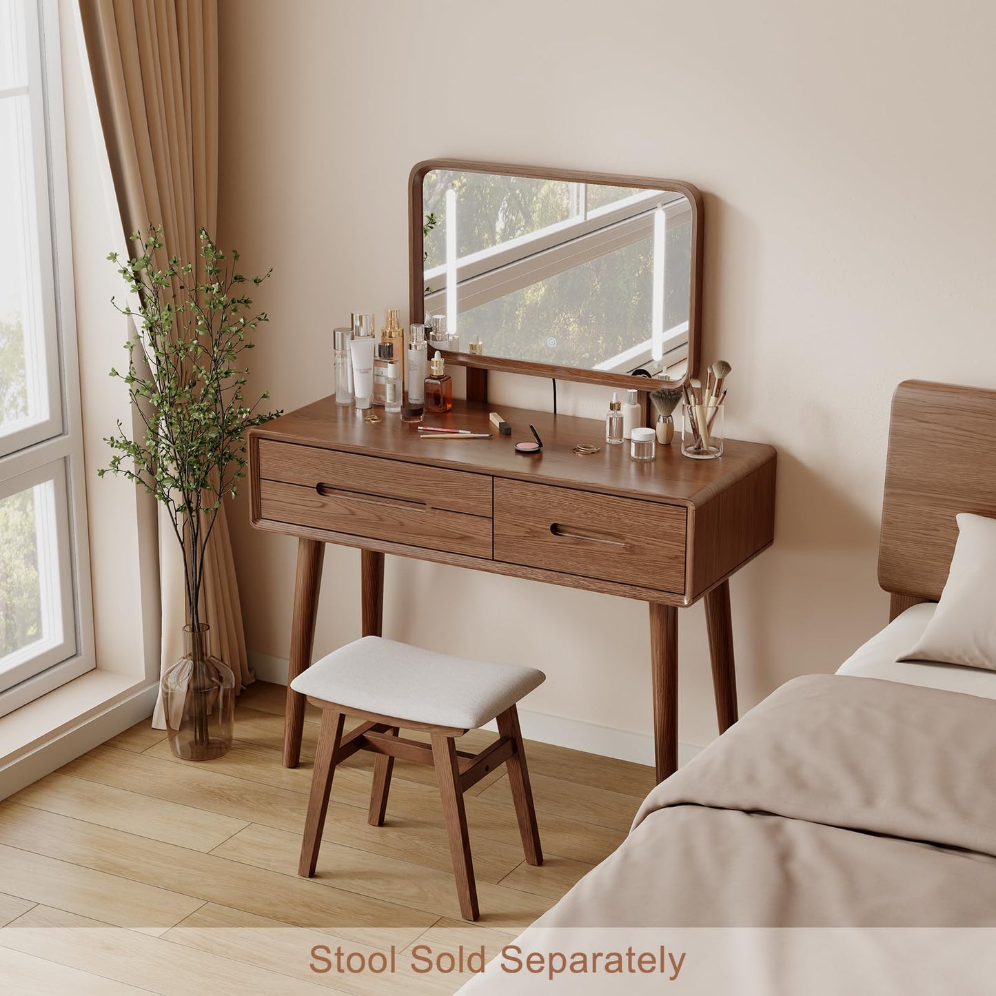 DONGMUWUJEE Solid Wood Vanity with Mirror and Lights, Adjustable Brightness, Wood Makeup Vanity with 3 Drawers, Semi-Assembled, Vanity Desk for Bedroom (Walnut)