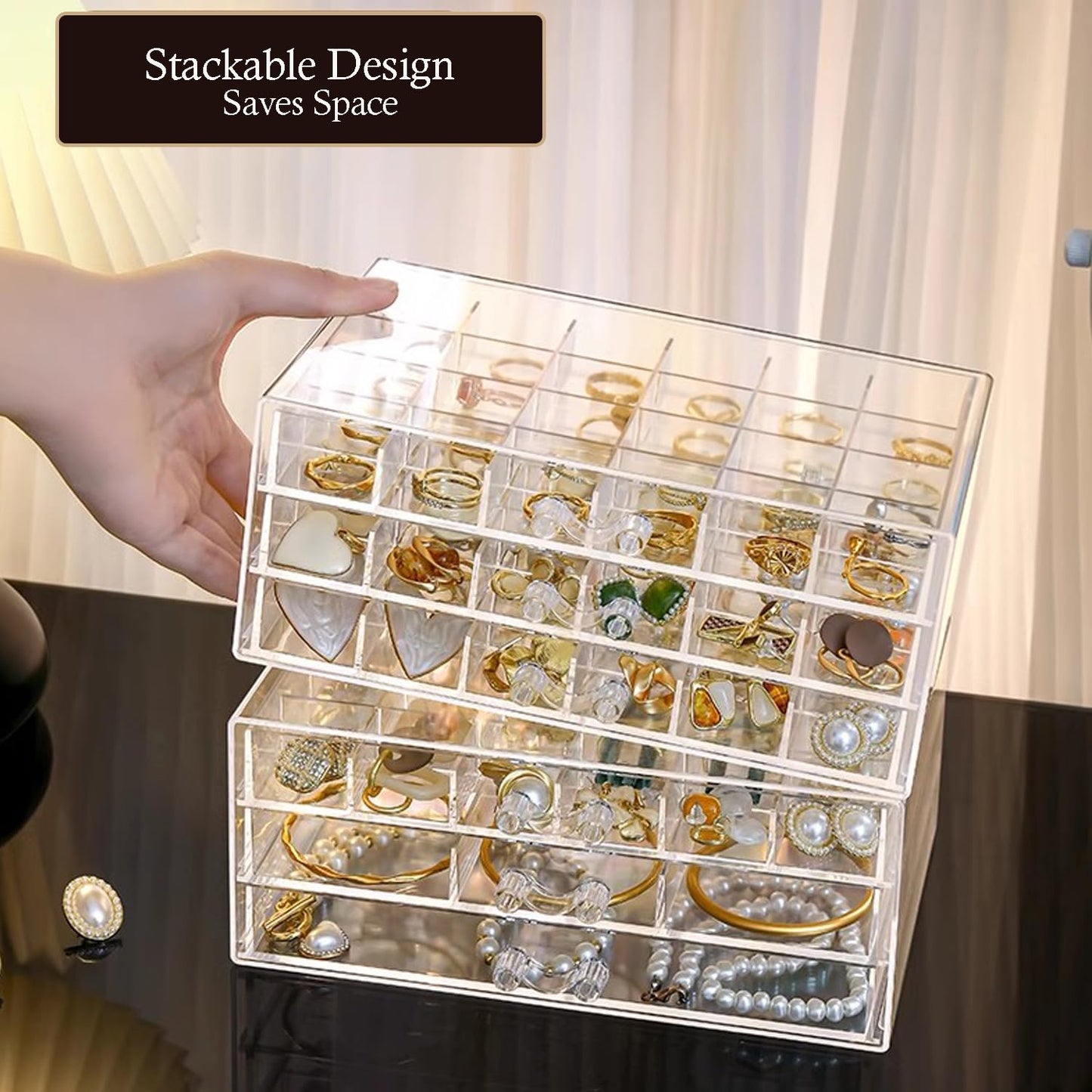 SPAKOWN Earring Organizer, Acrylic Jewelry Holder Organizer with 5 Drawers Stackable Earring Storage Case Jewelry Boxes for Women (Clear)