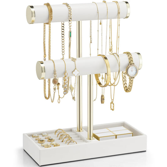 VLANDO 2 Tier Bracelet Holder with Tray - Leather Jewelry Stand Organizer for Women - Necklace Holder Display for Necklace, Watches, Rings, Earrings, Bangle, Scrunchie - White