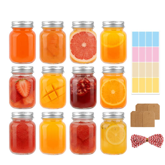 12 Pack 2 oz Mason Jars with Silver Lids, Mini Glass Jar for Ginger Shots, Small Juice Shot Bottles with Caps, Container for Wellness Beverage Storage Candle Gifts Honey Jam Spices Party Favors