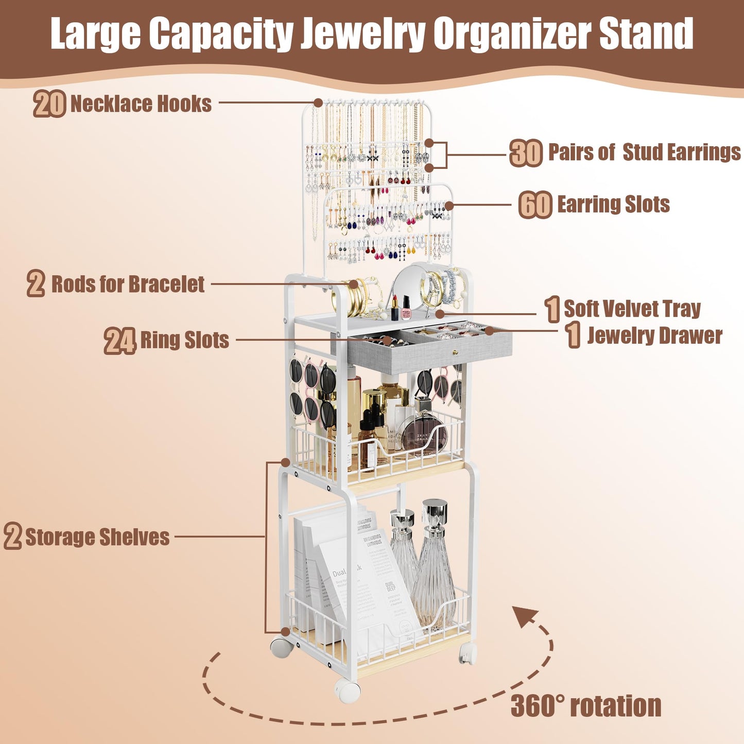 HMIEPRS Large Jewelry Organizer Stand with Box Drawer, Multifunctional Display Cases with Wheels, Armoire Jewelry Cabinet for Earring Necklace Ring Bracelet Makeup