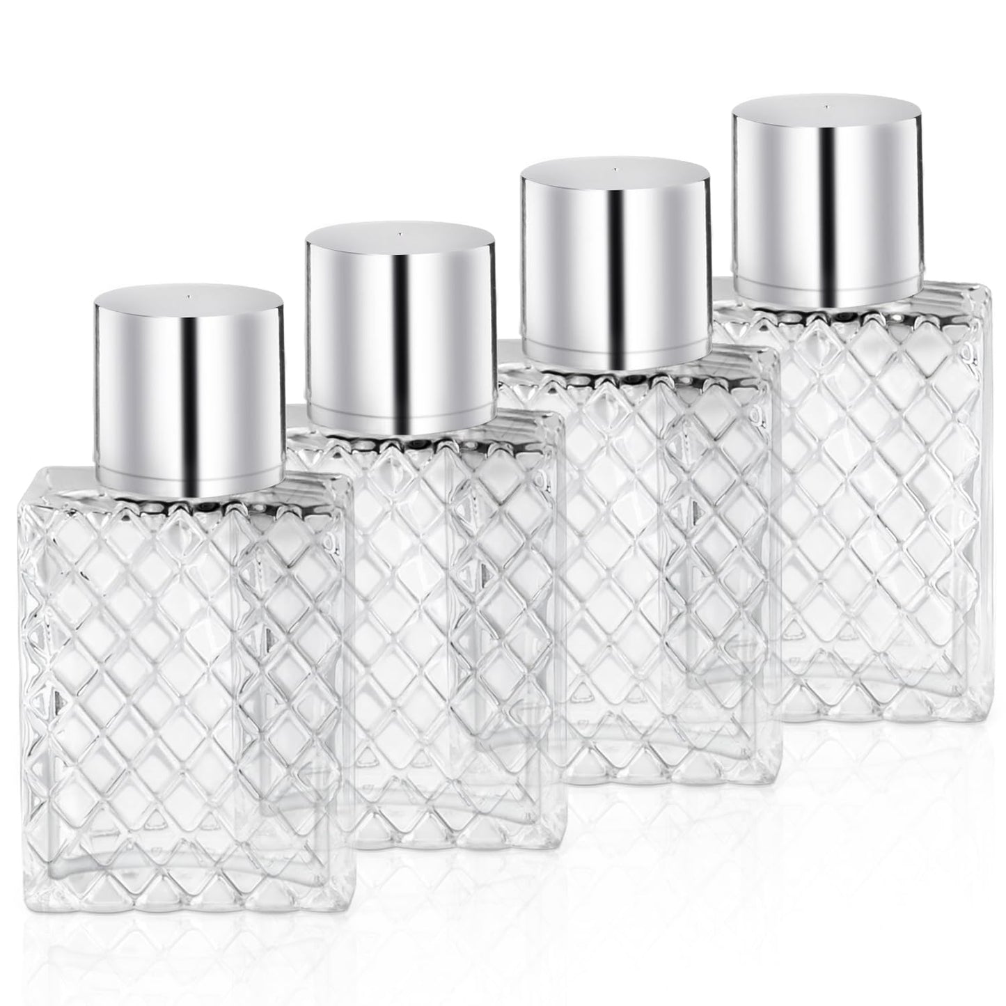 BOSMIOW 4 Pieces 50ml/1.7oz Clear Glass Perfume Bottles,Refillable Fine Mist Atomizer Spray Bottle,Cosmetic Sprayer for Perfume Essential Oils Cologne Liquids,Silver Lid
