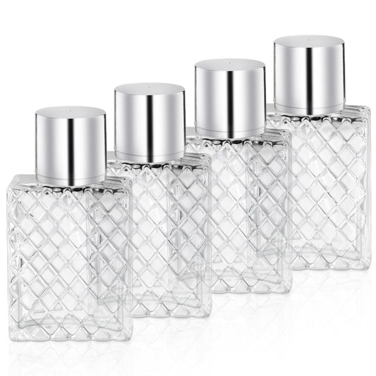 BOSMIOW 4 Pieces 50ml/1.7oz Clear Glass Perfume Bottles,Refillable Fine Mist Atomizer Spray Bottle,Cosmetic Sprayer for Perfume Essential Oils Cologne Liquids,Silver Lid
