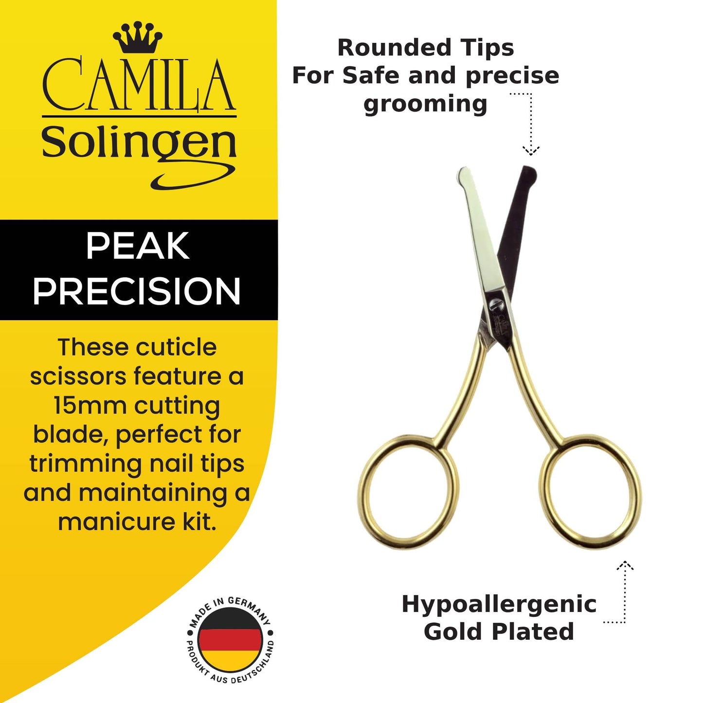 Camila Solingen CS06 Professional Hypoallergenic Gold Plated Rounded Safety Tip Scissors for Facial, Body & Nostril Hair. for Men Women & Kids. Made of Durable Carbon Steel in Solingen, Germany