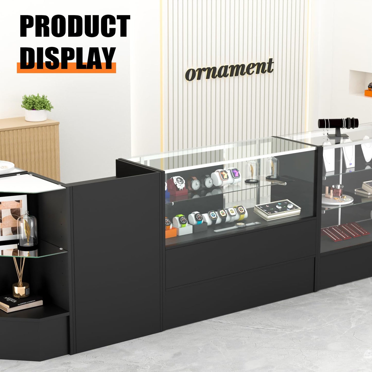 HUZJIEHUI 48" W x 18" D x 38" H - Black Retail Display Case, Glass Display Case with Storage，Illuminated Full Vision Display Showcase for Store