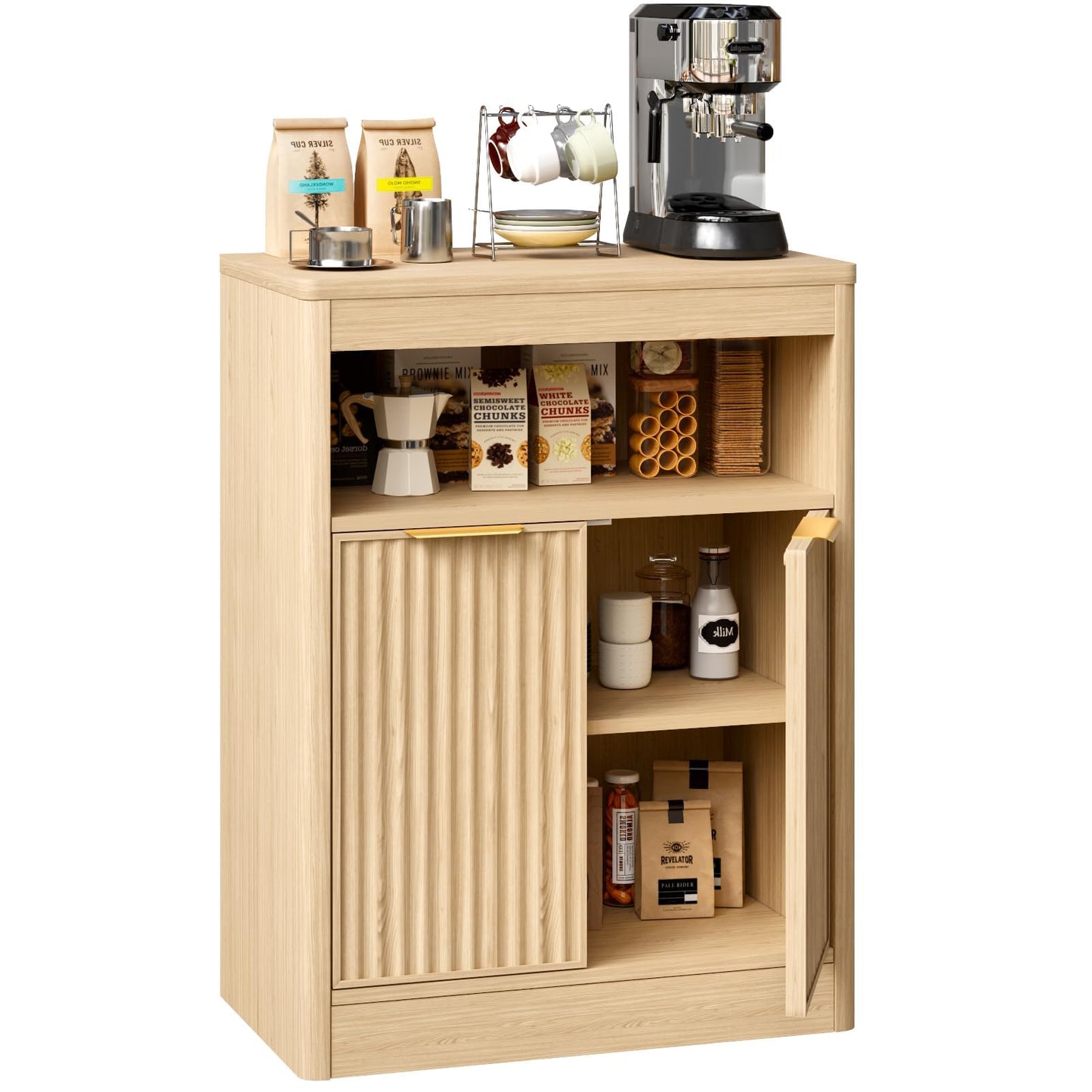 AURINEST Fluted Buffet Cabinet with Storage, Small Coffee Bar Cabinet with Doors & Adjustable Shelves, Wood Storage Cabinet for Kitchen, Living Room, Entryway, Oak