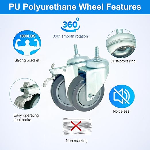 4 inch Swivel Caster Wheels Heavy Duty with Aluminum Brake, 1/2" x13-1-1/2 Threaded Stem Casters Set of 4, Polyurethane Grey PU Wheels for Hospital, Lab, Furnitures,Restaurant