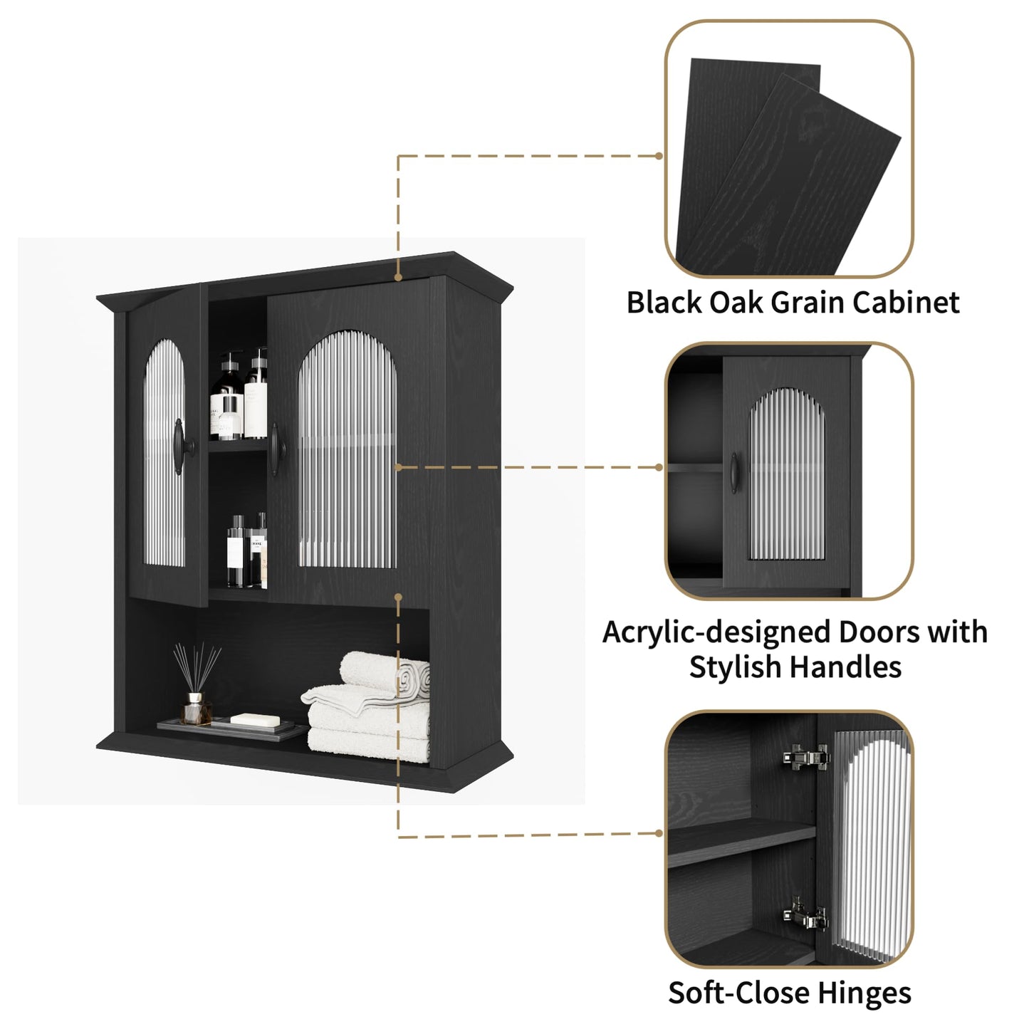 CJL Bathroom Wall Cabinet with Fluted Door, 18.9'' x 23.6'' Medicine Cabinet, Over The Toilet Storage Cabinet, Black