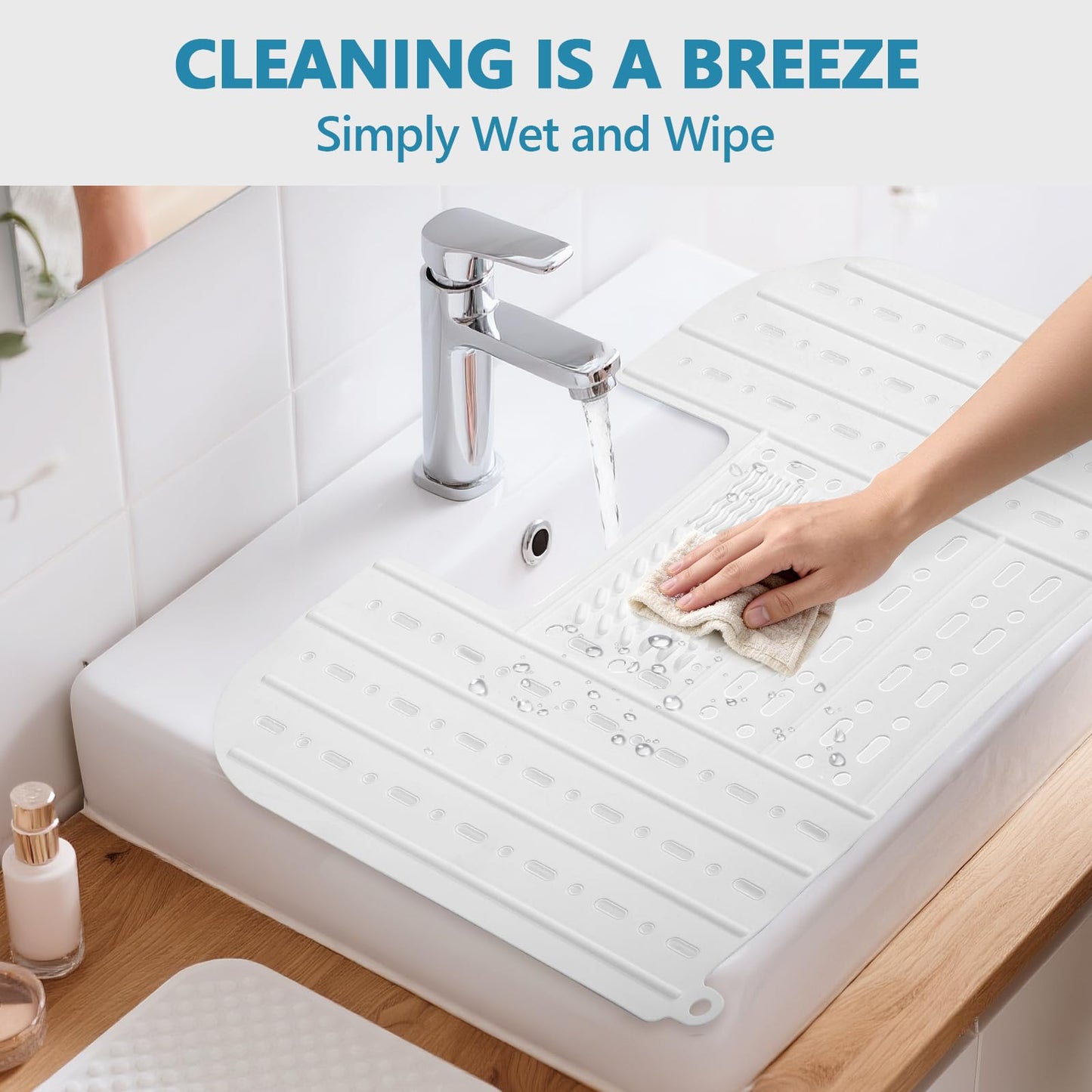 Johamoo Bathroom Sink Cover for Counter Space, Foldable Silicone Makeup Mat with Steel Frame Core for Hot Tools & Studio Hair Styling, Brush Cleaning Surface Beauty Gift for Women & Dorm, White