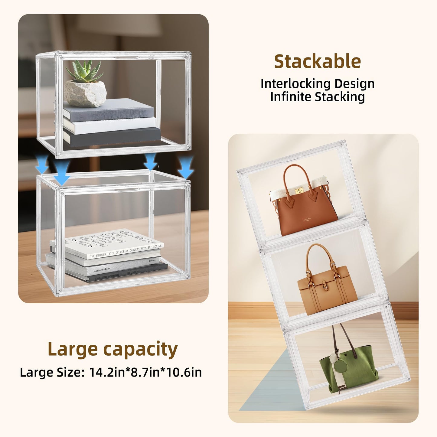 CELSOL Clear Acrylic Display Case – Stackable Storage Box with Magnetic Lid, Dustproof Organizer for Collectibles, Figures, Shoes, and Books – Large Size 14.2"x8.7"x10.6"