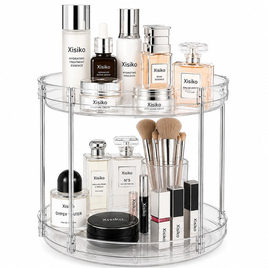 360° Rotating Bathroom Counter Organizer, 2 Tier Clear Makeup Organizer Vanity Storage for Skincare Perfume Cosmetics, Lazy Susan Spinning Storage for Bathroom Vanity Kitchen