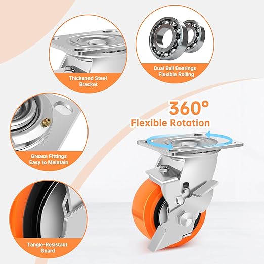 4"x2" Heavy Duty Casters - Industrial Casters Set of 4, Polyurethane Wheel Capacity up to 2500 lbs, Swivel Caster Use for Workbenches, Platform Truck, Dollies Cart(2 Brake & 2 Rigid)