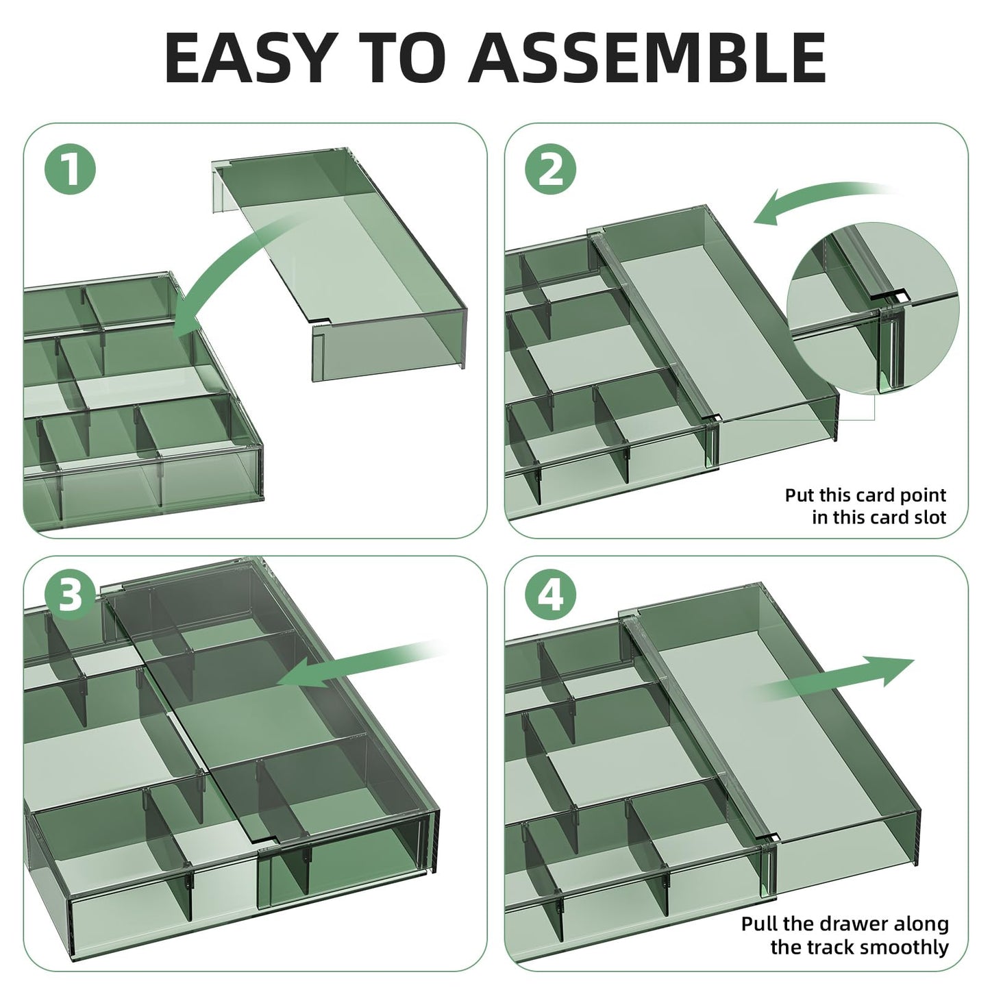 Marbrasse Expandable Desk Drawer Organizer, Clear Plastic Drawer Organizer Tray with 10 Adjustable Compartments, Desk Organizers and Accessories, 5 Drawer Dividers for Office Supplies(Clear Green)