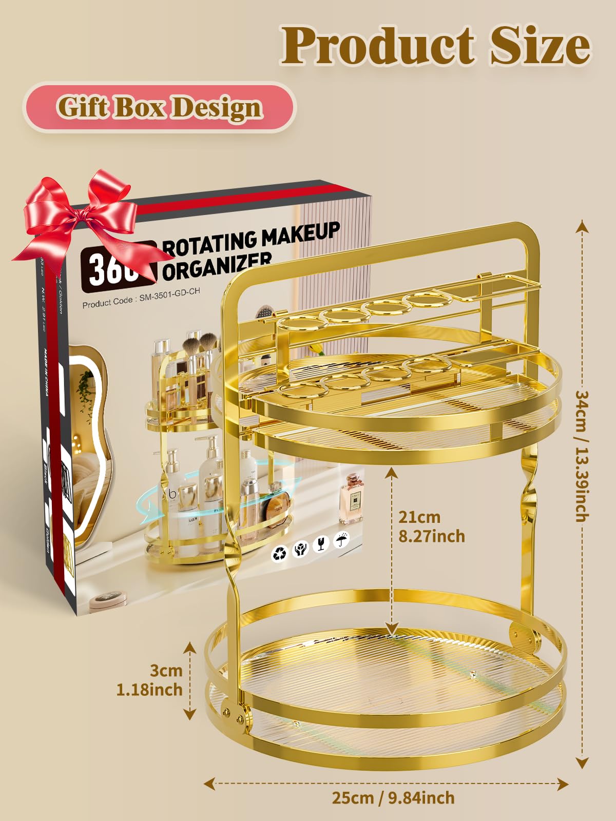 DUANFEE 360° Rotating Makeup Organizer, 2-Tier Gold Perfume Organizer for Dresser, Bathroom Organizer Countertop, Lazy Susan Spinning Perfume Stand Vanity Skincare Storage with Makeup Brush Holder