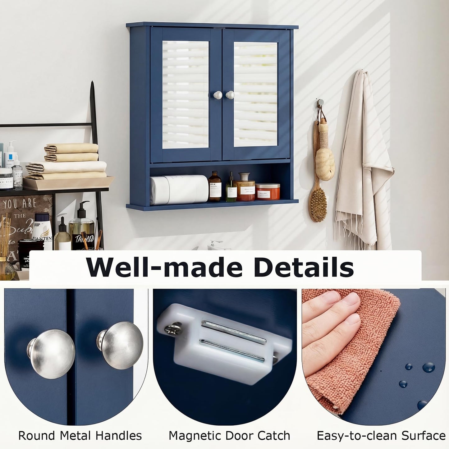 Tangkula Bathroom Medicine Cabinet with Mirror, Wall Mounted Wooden Hanging Organizer with Doors and Shelves, Bathroom Wall Mirror Cabinet (Mirror Doors, Blue)