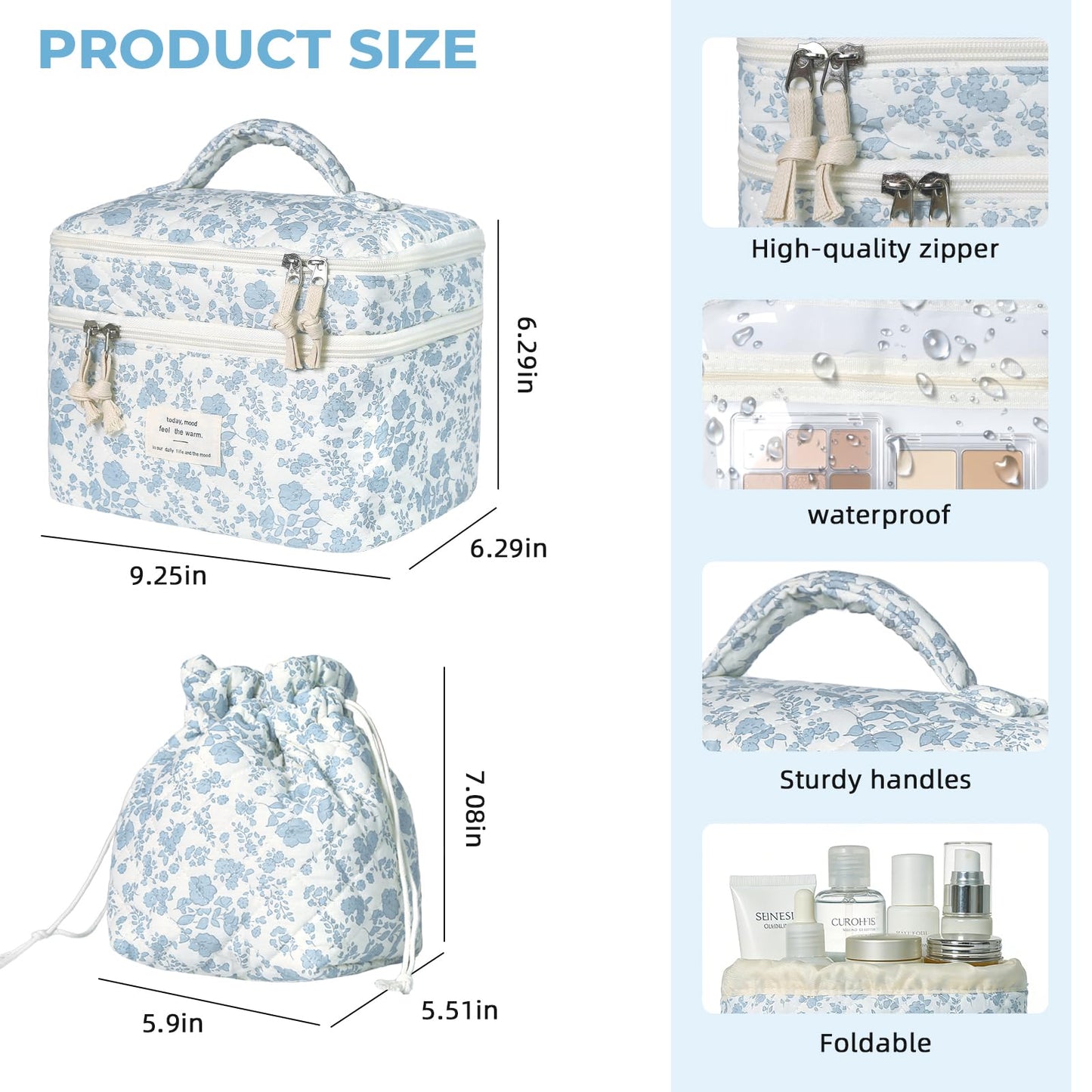 Gosect Makeup Bag, 2pc Quilted Cosmetic Bag Set, Drawstring Makeup Bag with Canvas Lining + Large Floral Toiletry Bag for Women Girls, Cute Cotton Flower Travel Organizer Bag (Blue Flowers