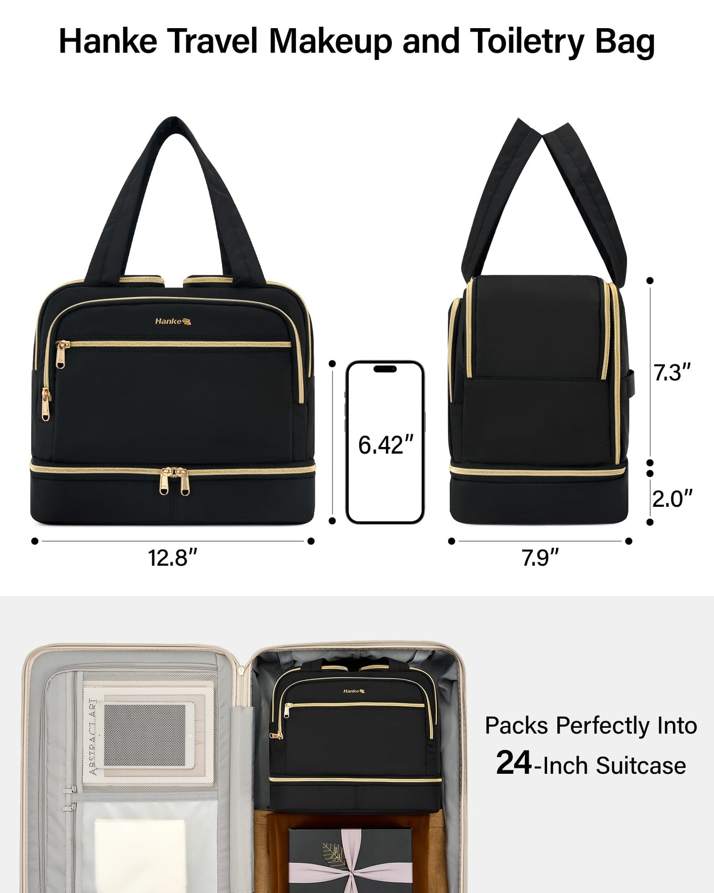 Hanke Travel Toiletry Bag, Lightweight Wide-open Large Toiletry Bags for Women, Dual-Layer Makeup Bag Water-Resistant Cosmetic Travel Bag with Handle for Accessories, Essentials, Black