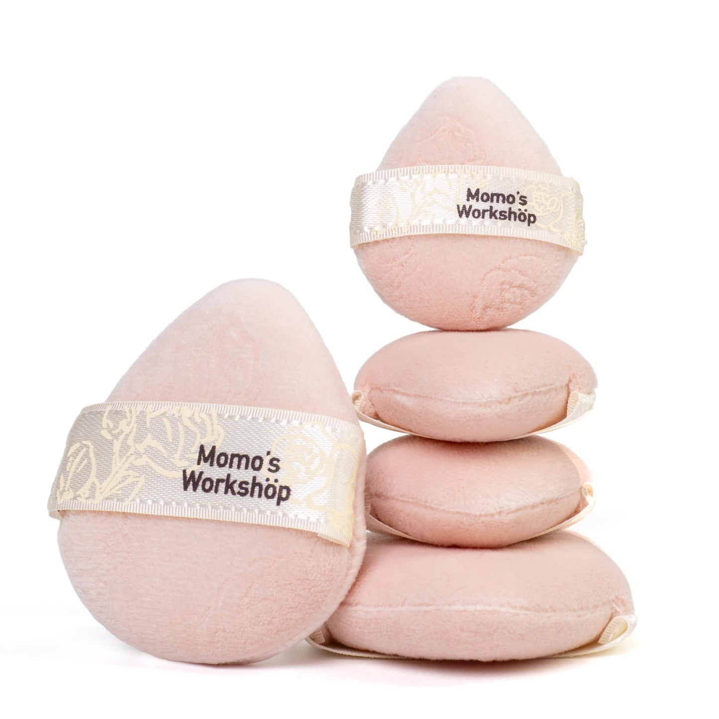 Momo's Workshop Pink Velvet Powder Puffs, Laser-Cut Rose Design, Dual-Sided, Travel Size & Wide M Size for Pressed Powder, Blush & Contour,5pcs Plush Puffs & Storage Case