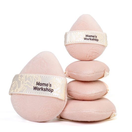 Momo's Workshop Pink Velvet Powder Puffs, Laser-Cut Rose Design, Dual-Sided, Travel Size & Wide M Size for Pressed Powder, Blush & Contour,5pcs Plush Puffs & Storage Case