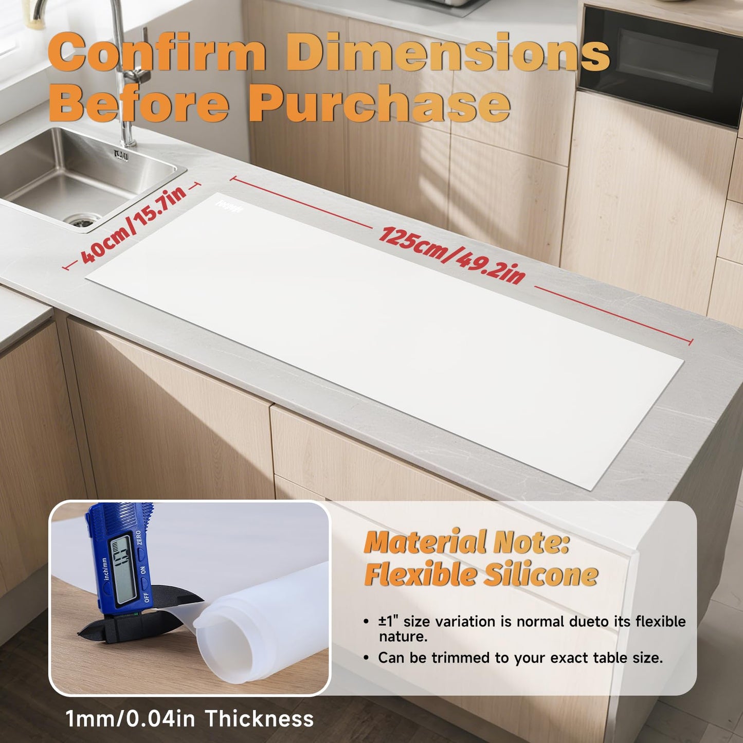 49.2" x 15.7" Large Silicone Mat for Kitchen Counter Protector, Cuttable Silicon Countertop Protector Mat Heat Resistant Mats for Countertop, Cut to Fit Placemat Ship Roll by Foepoge, Translucent