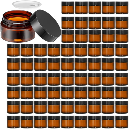 100 Pack 2 oz Glass Jars with Lids Bulk, Small Amber Glass Containers with Airtight Black Lid, Empty Cosmetic Jars Travel Size for Sample, Lip Balm, Candle, Cream, Ointments, Scrubs, Powders
