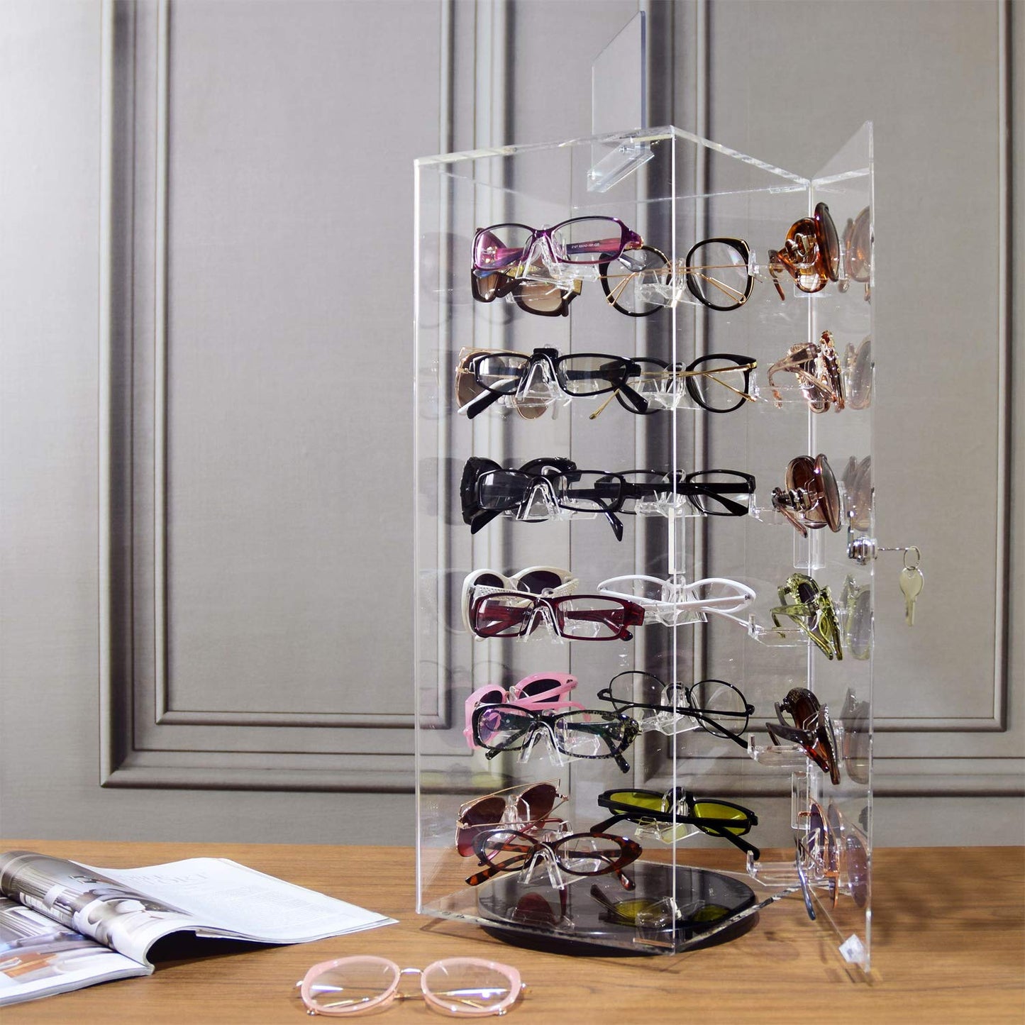 MOOCA Premium Acrylic Lockable Rotating Sunglass Display Case, Acrylic Sunglasses Organizer, Eyewear Display Stand, Eyeglass Case, Eyeglass Case With Mirror, 24 Frames