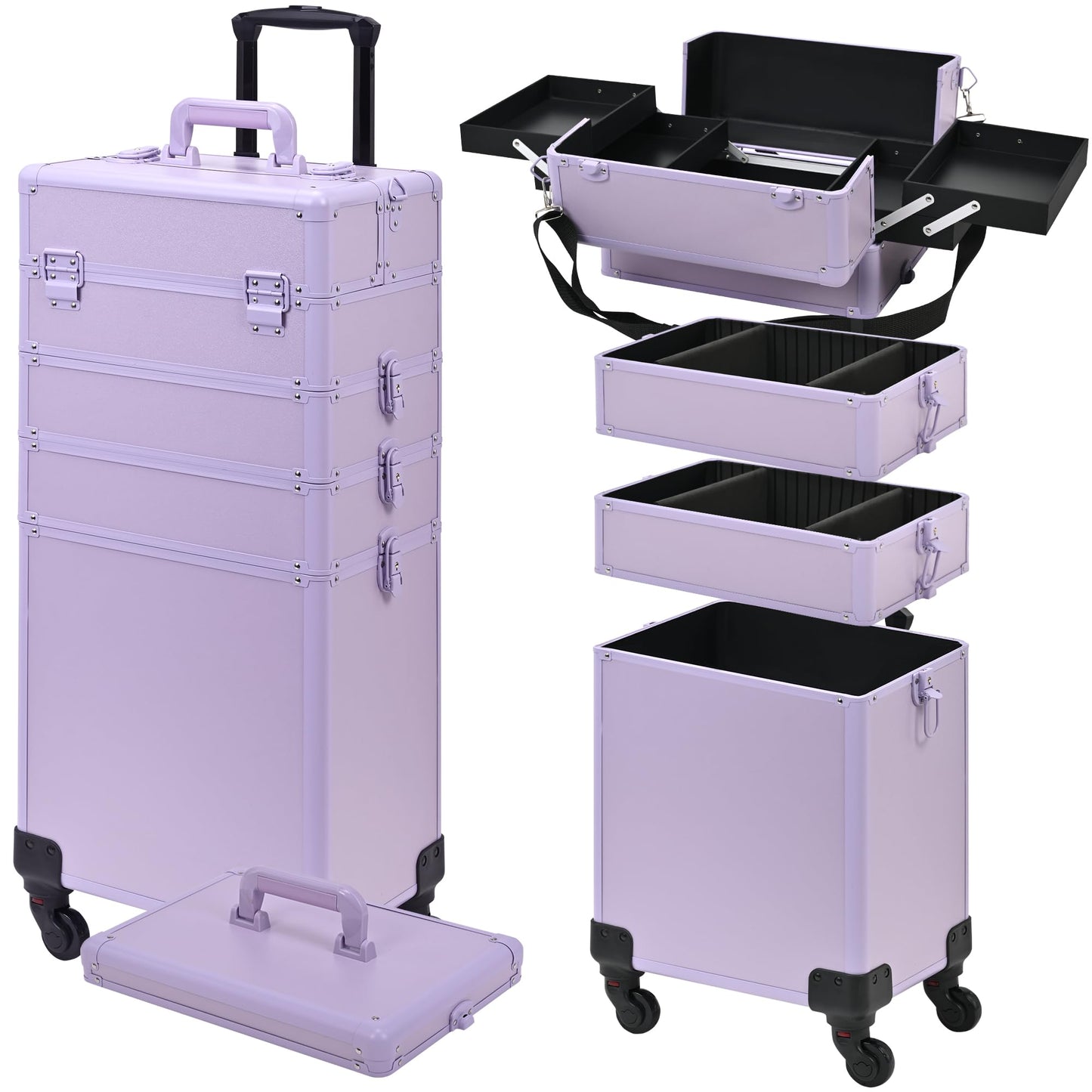 Somduy Rolling Makeup Case, Makeup Train Case with Lid, 5 in 1 Cosmetology Case on Wheels, Christmas Gift, Large Makeup Organizers, Profesional Cosmetic Case for Salon Barber, Purple