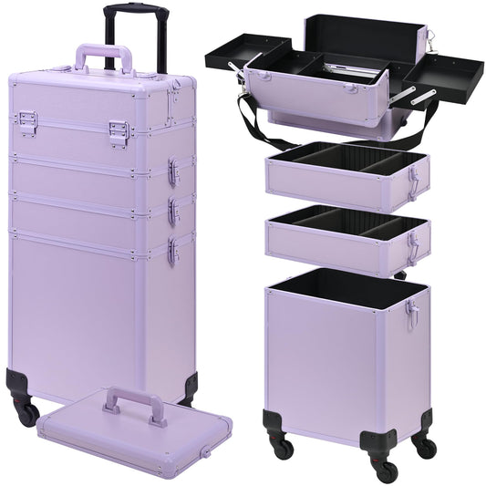 Somduy Rolling Makeup Case, Makeup Train Case with Lid, 5 in 1 Cosmetology Case on Wheels, Christmas Gift, Large Makeup Organizers, Profesional Cosmetic Case for Salon Barber, Purple