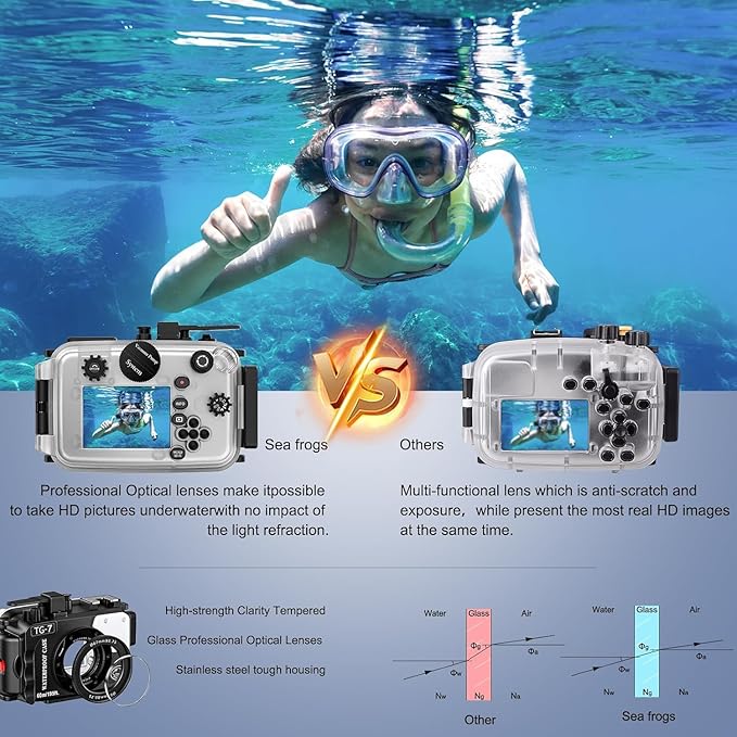 Sea frogs Camera Housing Compatible with Olympus TG7, with Red Filter and Signal Lamp, Waterproof IPX8 Rated, 60m/197ft Depth Protection Underwater Camera Case, White